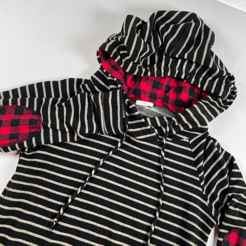 12PM by Mon Ami Women's Striped Hoodie Red Buffalo Plaid‎ Elbow Patches Medium